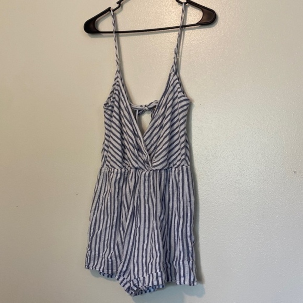 L.a. Hearts adjustable straps  blue white stripe ,lined , tie back romper lg